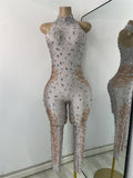 Women Sexy Spandex Rhinestones Sleeveless Tight Jumpsuit Celebrate Birthday Evening Club Rompers Photo Shoot Wear