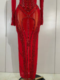 Women Sparkly Full Rhinestone Sequin Sheer Long Dress Sexy Fashion Club Party Birthday Nightclub Drag Queen Dancer Stage Costume
