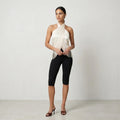 Beige Satin Halter Neck Top Chic Tassel Fringe Detail Sleeveless Cross Front Cropped Vest 2026 Women Summer Daily Street Wear