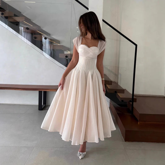 French Gentle Summer Dresses for Women Square Neck Sleeveless Tunic Mesh Dates Party Puff Long Dress Female Clothing Style