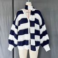 Fashion Striped Sweater Cardigan With Scarf Female Loose Thin Hollow Knitted Top Lantern Sleeve Contrast Color Retro Top