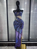 Purple Shining Rhinestones Women Sexy Strapless Mesh See Through Bodycon Long Maxi Dress Celebrate Nightclub Party Birthday Wear