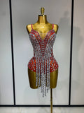 Sparkly Rhinestones Tassels Black Red Bodycon Bodysuits Nightclub Performance Stage Outfit Luxury Birthday Photo Shoot Clothing