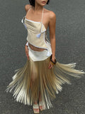 Sexy Tassel 2 Piece Set Women Irregular Halter Backless Bandages Tank Top+Patchwork Skirt New Trend Party Streetwear