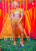 Golden Tassel Sequins Dance Costume - Glam Perspective Stage Outfit for Birthday Banquet & Performance Body Transparente Flecos