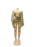 Sexy 2 Piece Set Women Skew Collar Loose Crop Tops+Ruched Knot Ribbon Skirt Matching Beach Vacation Party Club Suit