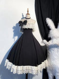 Olivegirl Party Kawaii Lolita Dress Bow Slash Neck Gothic Vintage Black Midi Dress Women Summer Harajuku Lace Halter Bodycon