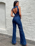 Backless Heart Cutout Bodycon Jumpsuit For Women Casual Sleeveless Slim One-Piece Outfits Retro Denim Jumpsuits New 2025