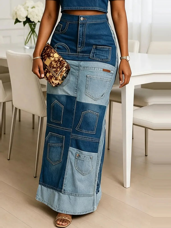 Women Denim Maxi Skirt High Waist Patchwork Pocket Decor Vintage Chic Street Daily Autumn