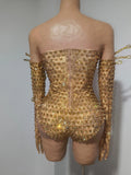 Sexy Sparkly Golden Rhinestones Eyes Stretch Bodysuit Women Eveing Birthday Party Nightclub Bar Singer Dancer DJ Stage Costume