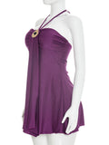 Metal Buckle Dress Women Sexy Elegant Sleeveless Halter Bandages Ribbon Stretch Chic Midnight Party Club Mini Bodycon
