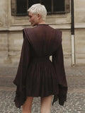 Fashion Women Ruffles Short Dress Elegant O-Neck Lace Up Lantern Long Sleeve Mini Vestido Chic Female 2025 Solid Dresses