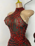 Sparkly Rhinestone Shining Women Sexy Bodycon See Through Irregular Hem Mini Dress Birthday Party Performance Costume