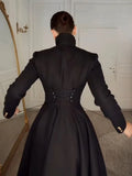 Elegant Stand Collar Metal Button Maxi Coat Lady Double Breasted Cinched Waist A-line Flared Overcoat Fall Date Party Outerwear