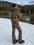 Women Leopard Print Hooded Ski Suit Set Waterproof Windproof Snow Jacket Pants Two Piece Outfit Winter Snowboard Skiing Costume
