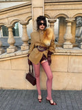 Camel Plaid Wool Blend Blazer Women Belted Waist Faux Fur Collar Vintage Shoulder Pads Coats Elegant Winter Outerwear Jackets
