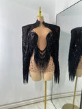 Sexy Mesh See Through Rhinestones Two Pieces Dress Coat Sets Women Sparkly Tassels Performance Singer Dancer Stage Costume