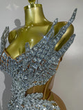 Sexy Strapless Mesh See Through Eveing Birthday Party Nightclub Stage Costume Women Sparkly Silver Rhinestone Sequins Mini Dress