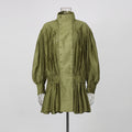 Olive Green Elegant Pleated Dress Women Fashion Solid Stand Neck Lantern Sleeve Double Breasted Loose Mini Dress Women