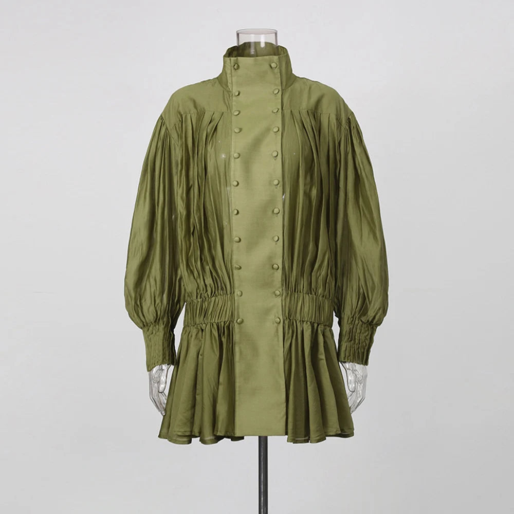 Olive Green Elegant Pleated Dress Women Fashion Solid Stand Neck Lantern Sleeve Double Breasted Loose Mini Dress Women