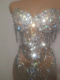 Women Sparkly Diamond Tassel Silver Strapless Mesh See Through Dress Latin Dance Bar Nightclub Party Club Dancer Stage Wear