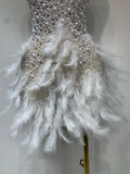Luxury Rhinestones Pearls Halter Backless Short Feathers Dress Women Sexy Celebrate Birthday Dress Performance Dance Costume