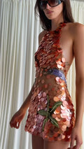 Women Orange Sequin Mini Dress Starfish Fish Applique Sheer Backless Halter Mesh Short Dress Lady Beach Party Vacation Vestidos