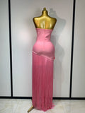 Women Sexy Strapless Pink Flower Tassel Bodycon Bandage Dress Elegant Evening Club Party Luxury Birthday Cocktail Prom Dress