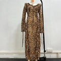 Sexy Chiffon Leopard Printing Dress for Women V Neck Long Sleeve Patchwork Lace Up Split Evening Club Maxi Dresses