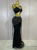 Women Festival Vacation Outfit Sexy Two Piece Skirt Set Black Nightclub Bar Party Hollow Out Ruched Crop Top Maxi Long Skirt Set