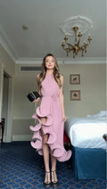 Elegant Women's Halter Ruffles Midi Dress Pleated Irregular Slit Dresses Evening Wedding Guest Pink Yellow Blue Party Prom 2026