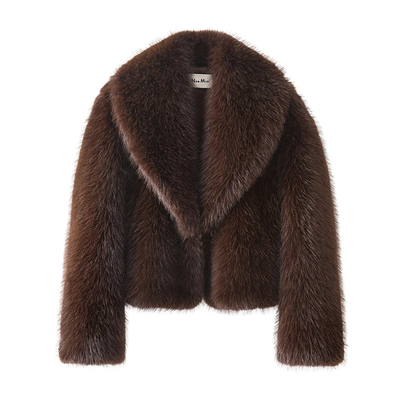 Street Fashion Shawl Collar Faux Fox Fur Coat Women 2024 Winter Cool Girls Black Short Fur Jacket Vintage Chic Overcoat