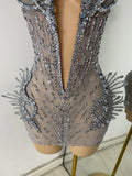 Sparkly Rhinestones Women Sexy Mesh See Through Short Sleeveless Party Nightclub Performance Costume Stage Wear