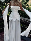 Evening Patchwork Ribbon Dress for Women Strapless Spliced Pearls Decoration Slim Fairy Mesh Maxi Dresses Female