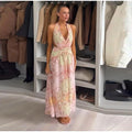 Sexy V-neck Halter Backless Printed Long Dress Women Sleeveless Lace Up High Waist Slim A-line Maxi Dress Lady Chic Casual Dress