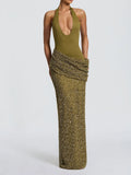 Glam Halter Cutout Maxi Dress for Women Solid Sleeveless Bodice Sequin Draped Wrap Skirt Back Slit for Evening Occasions