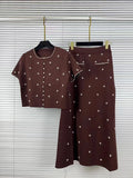 Elegant Beaded Two Piece Set for Women Round Neck Short Sleeve Cropped Top A Line Maxi Skirt for Office Daily Party Suit