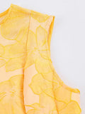 New Embroidery Elegant Yellow Midi Dresses For Women O Neck Sleeveless High Waist Temperament Female Fashion Style Dress