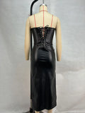Sexy Leather Red Long Dress Women's Luxury Off Shoulder Corset Bandage Dresses Evening Party Burgundy Wedding Guest Brown Black
