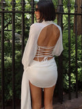 Sexy Backless Dress Women Polo-Neck See Through Full Sleeve Ruched Kink Ribbon Midnight Club Party Solid Mini Bodycon