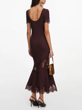 Romantic Dates Brown Ribbed Knit Mermaid Dresses for Women U Neck Short Sleeve Lace Trimmed Midi Skirt for Office Commute