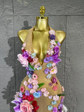 3D Floral Rhinestone Halter Maxi Bodysuit Dress Women Deep V Mesh See-Through Long Gown Carnival Rave Festival Performance Costume