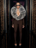 Furry Deep V-Neck Jumpsuits Woman Hipster Patchwork Trend Sexy Stretch Fitness Club Activity Luxury Midnight Overalls