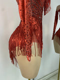 Red Rhinestones Skinny Bodysuit Women Sexy Long Sleeve Tassel Performance Singer Dance Costume Nightclub Celebrate Stage Wear