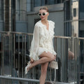 Solid Spliced Folds Slimming Mini Dresses for Women V Neck Long Sleeve Chic Elegant Coats Female Fashion Style