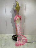 Luxury Sparkly Diamonds Pearls Strapless Mesh Maxi Dress Elegant Eveing Birthday Party Sexy Nightclub Performance Stage Costume