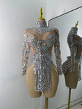 Sparkly Sequins  Gold Silver Mini Dress Women Sexy Split Nightclub Party Performance Dresses Birthday Celerbity Stage Outfit