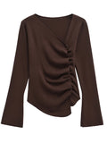 Solid Spliced Folds Designer T Shirt For Women Skew Collar Long Sleeve Patchwork Buttons Chic T Shirts Female New