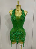 Sexy Sparkly Rhinestones Halter Backless Mesh Velour Short Dress Women Evening Prom Celebrate Birthday Party Stage Wear