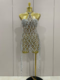 Sexy Sparkly Sequin Diamond Mesh Transparent Two Piece Set Women Celebrate Evening Party Birthday Dress Stage Photo Shoot Wear
